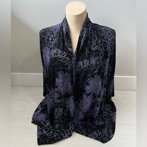 Black with purple floral pattern shimmering open front cardigan branded Emotions